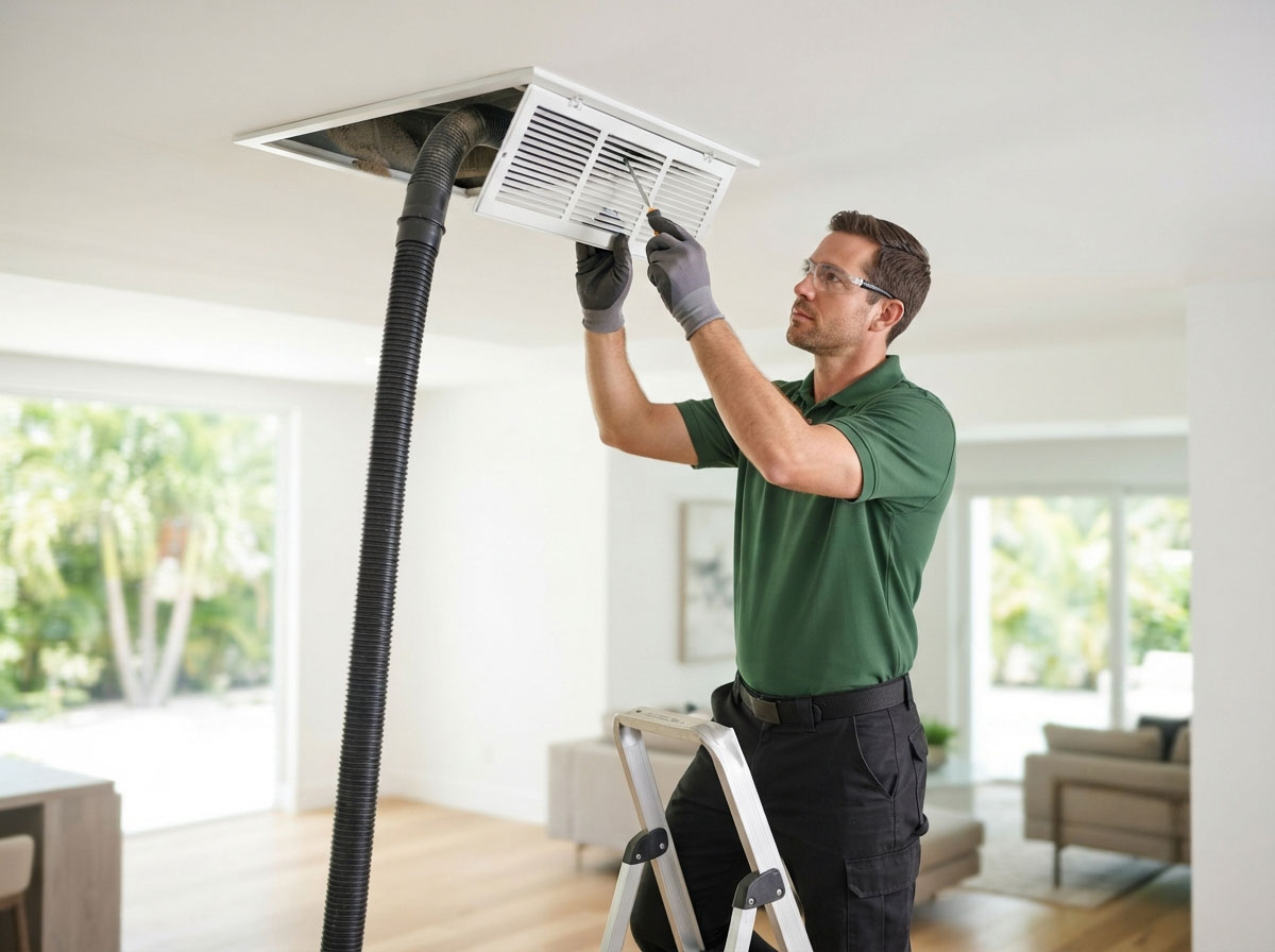 Technician cleaning an air duct vent in a Florida home