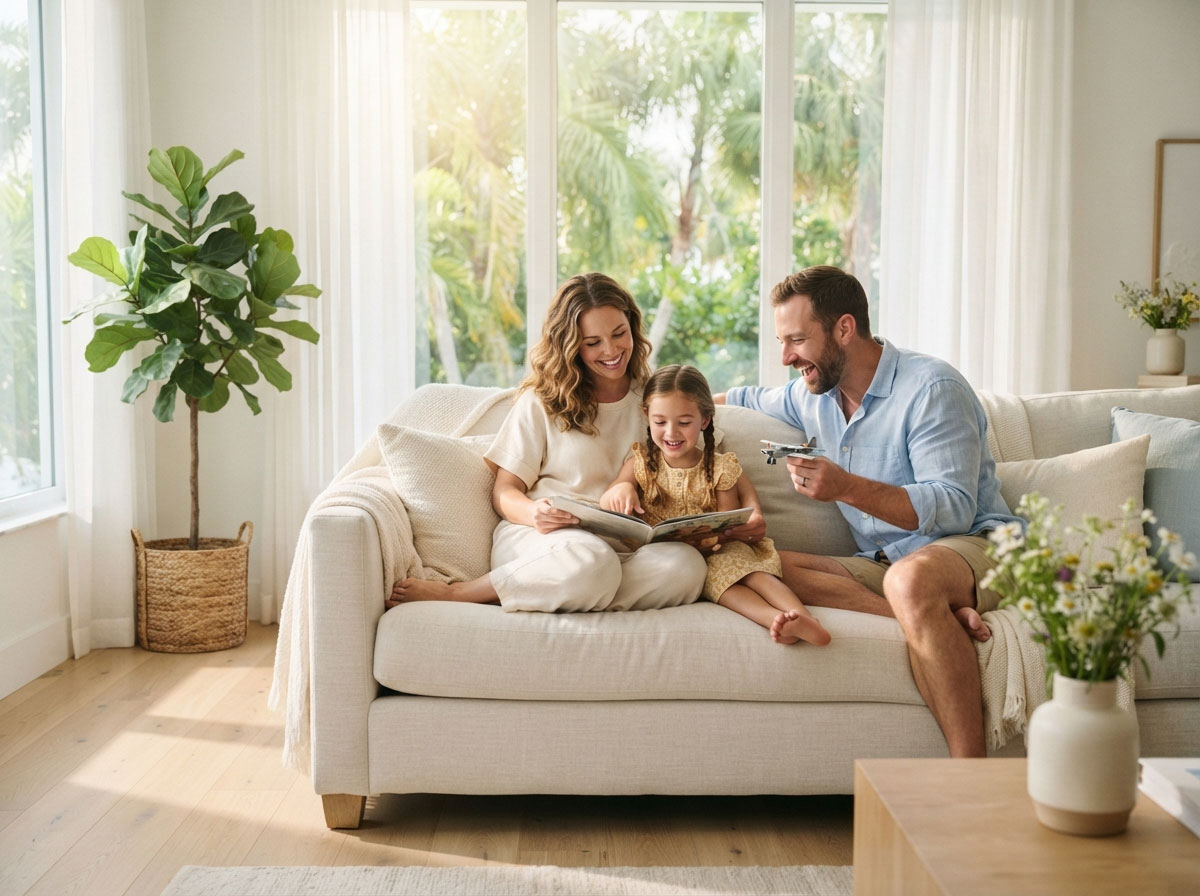 Family enjoying clean healthy air in a bright Florida home