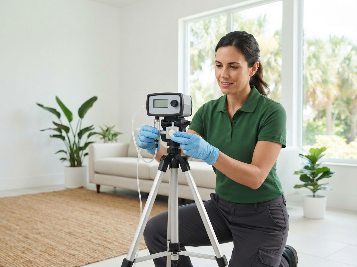 Indoor air quality testing with an air sampling device in a Florida home